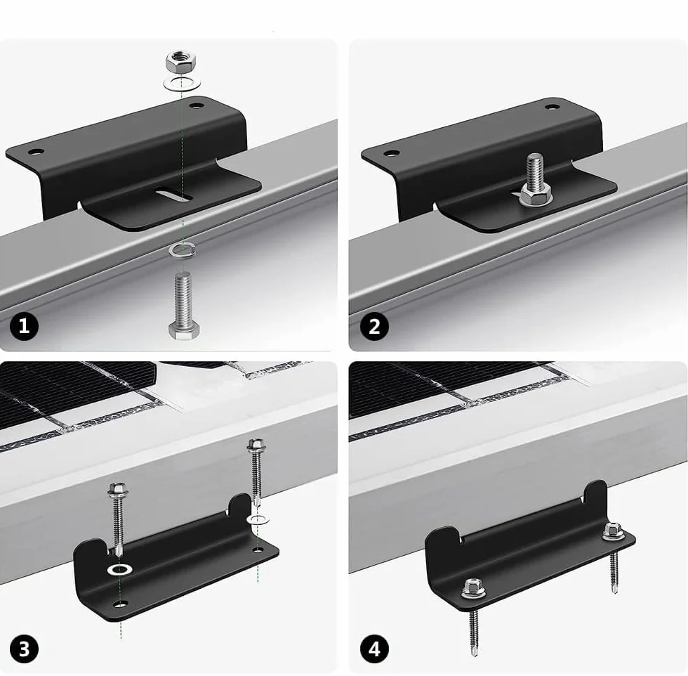 Soporte Z para módulo solar con tuercas/tornillos, soporte de montaje de panel solar para barco, autocaravana, caravana, soporte Z para montaje en techo, montaje de panel solar, 8 piezas negro