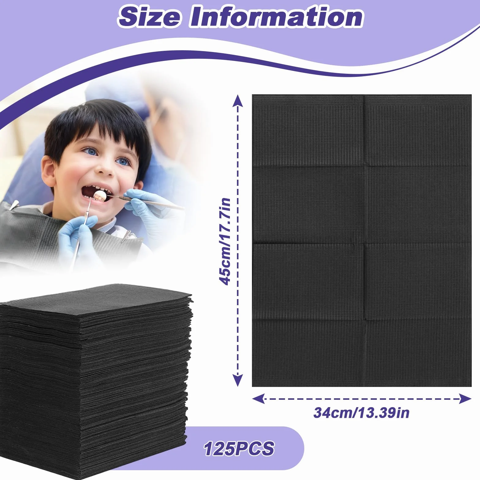 125Pcs Baberos Dentales Desechables, Sábana Tatuaje Desechable Impermeable 34x45cm, Fundas Tapete Mesa Tatuajes Cuadrado Negro 3 Capas para Limpieza Dentale, Salón de Uñas, Paciente Tela no Tejida