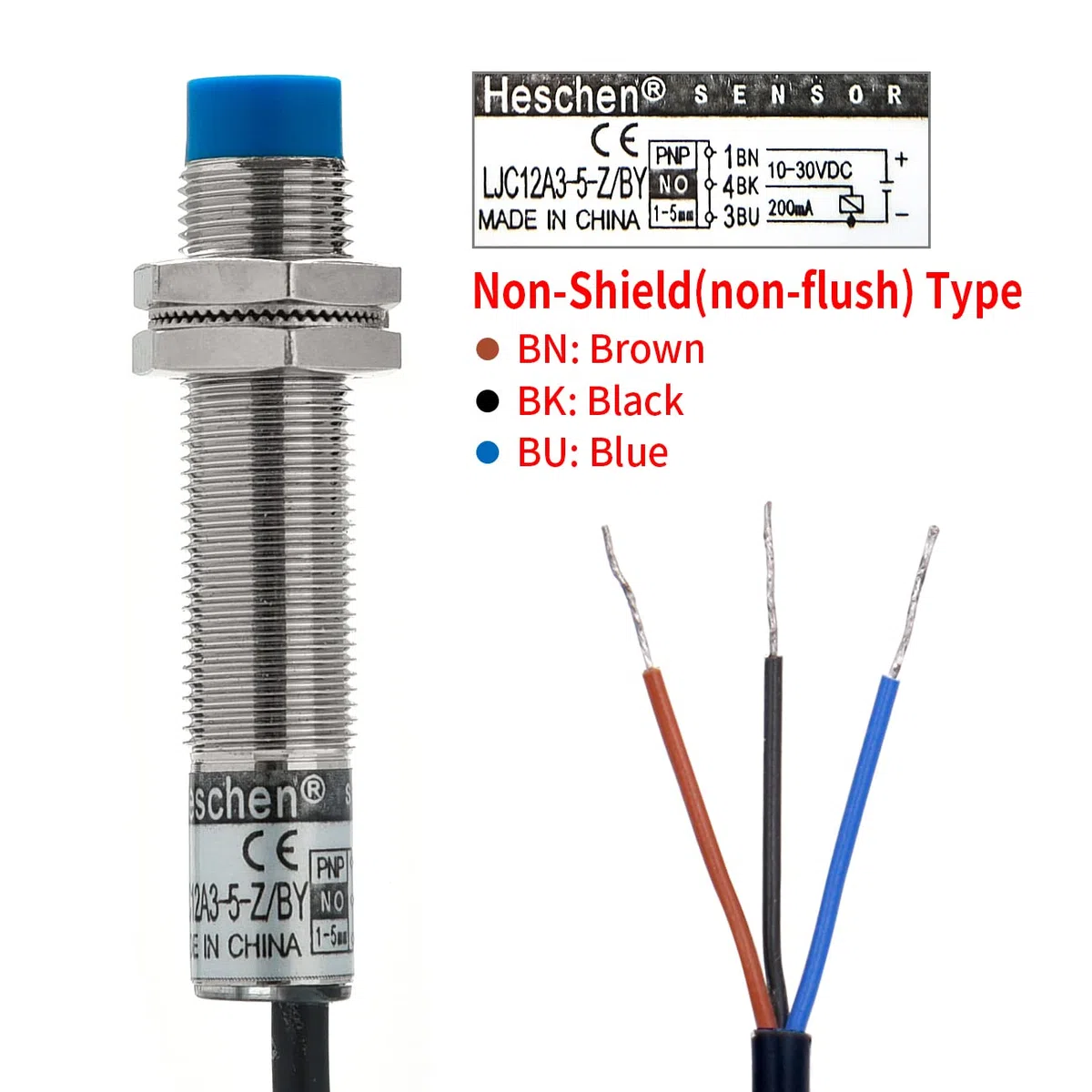 Heschen Interruptor de sensor de proximidad capacitivo, LJC12A3-5-Z/BY, Detector 5mm, 10-30VDC, 200mA, PNP, normalmente abierto (NO), 3 cables