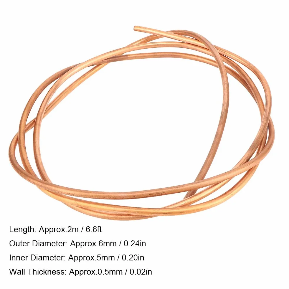 Bobina de Tubo de Cobre Blando, 6 mm Diámetro Exterior, 5 mm Diámetro Interior, 2 m Longitud, Resistencia a Corrosión y Altas Temperaturas
