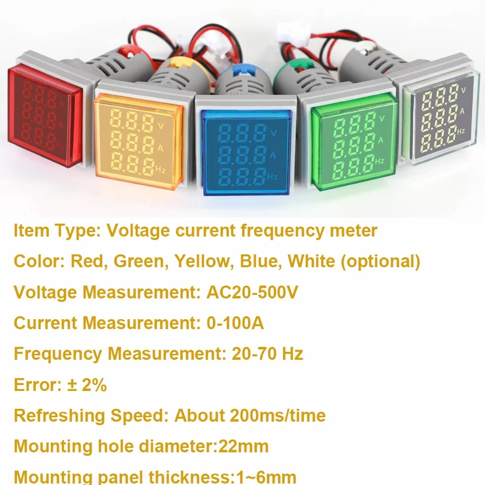 GUUZI 2pcs Pantalla de Tres Dígitos Corriente CA 20-500V, Voltaje 0-100A, Indicador de Frecuencia 20-70HZ, Monitor de Instrumento de Medición Multifunción LED de Cabeza Cuadrada de 22mm (Rojo)