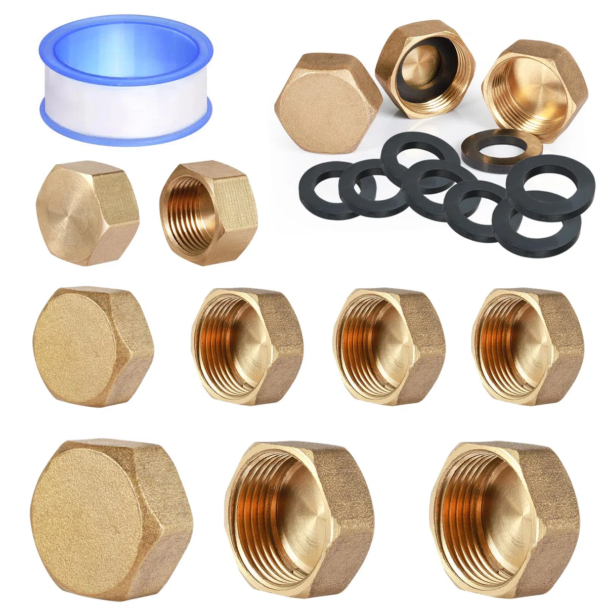 9 Piezas Tapón Ciego de Latón, Tapón de Latón 3/8 1/2 3/4 In, tapón latóns Hembra, Tapones Roscados para Tubo Con Arandelas De Goma para Conexión De Tubería Lavadora Grifo