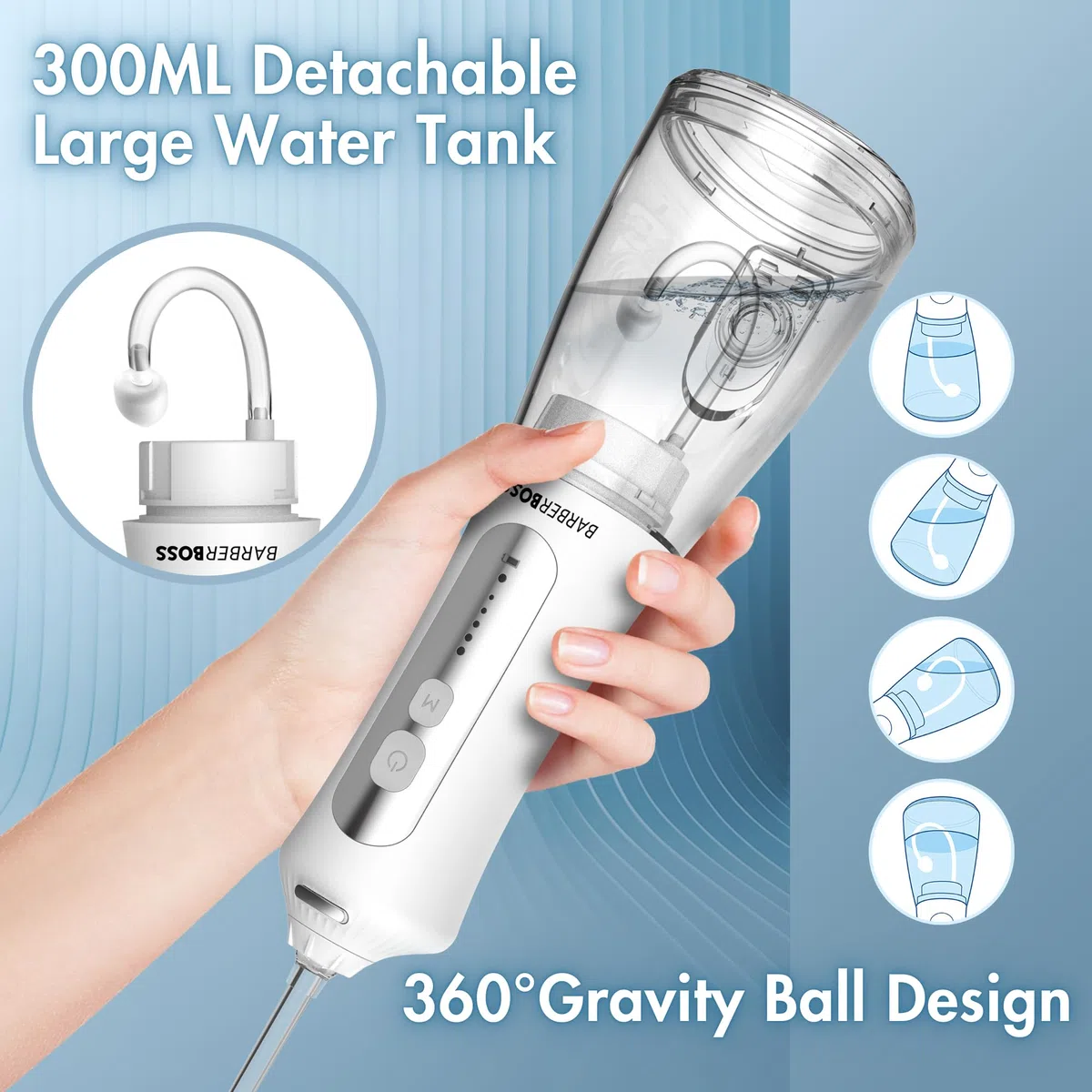 Barberboss Hilo dental portátil para dientes, irrigador oral recargable, kit de hilo dental con 5 ajustes de presión, 5 boquillas intercambiables, tanque de agua de 300 ml y diseño fácil