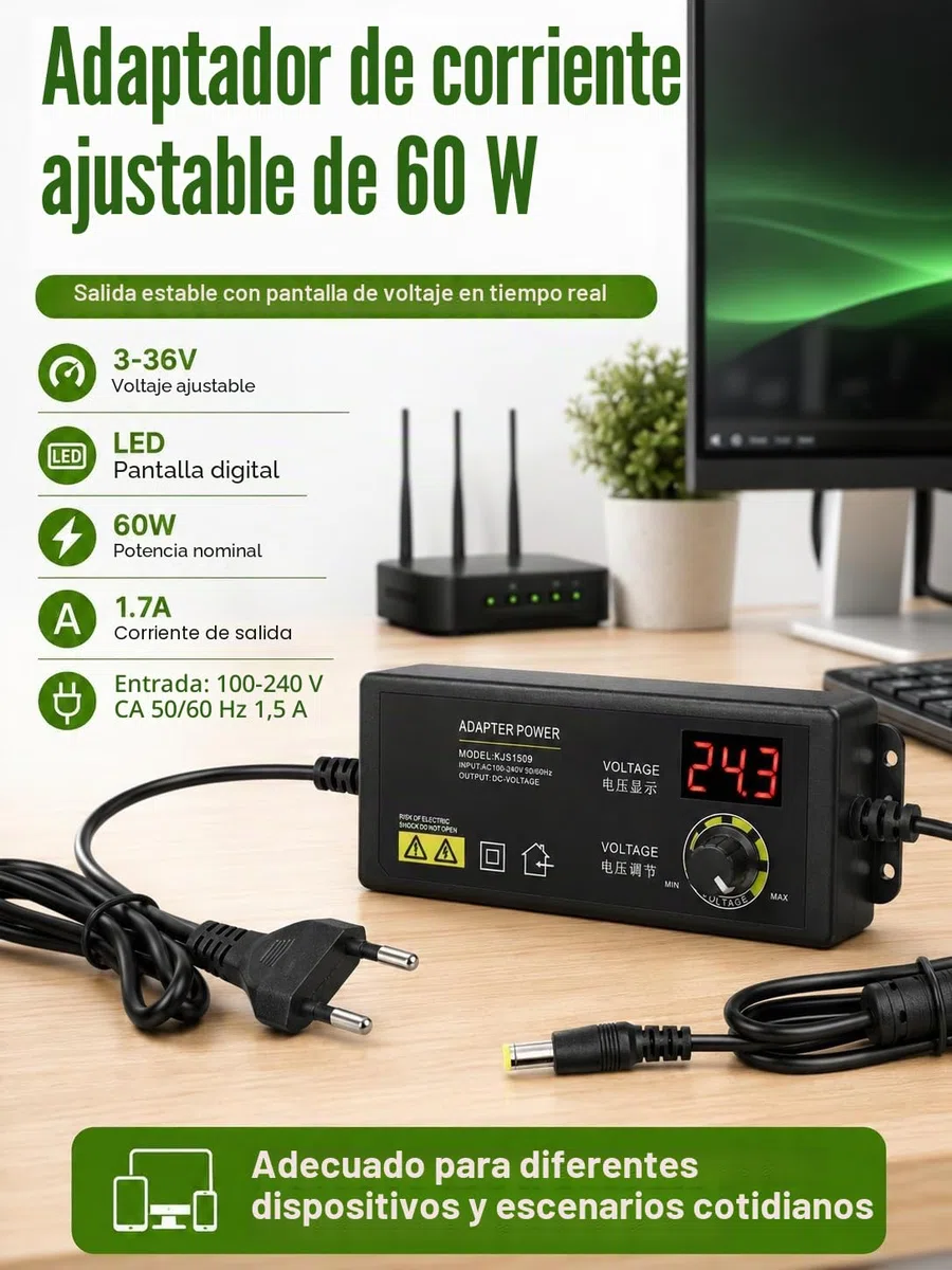 VOBOR Adaptador Ajustable, 3-36V Fuente de Alimentacin Regulable Universal con Control de Velocidad del Motor, Adaptador Unidad de Alimentación de Amplio Rango