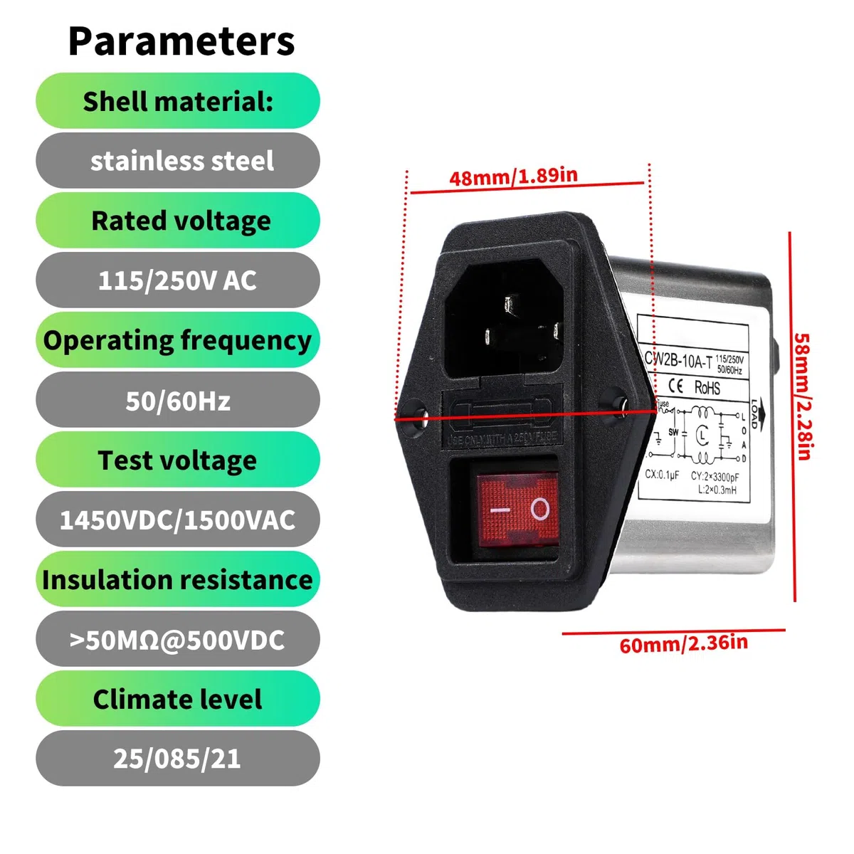 Jadeshay Filtro emi,115V/250V Filtro de Alimentación Enchufe Monofásico Filtros de Interferencia Electromagnética con Fusible para Suprimir Las Interferencias de Impulsos Continuos y Intermitentes