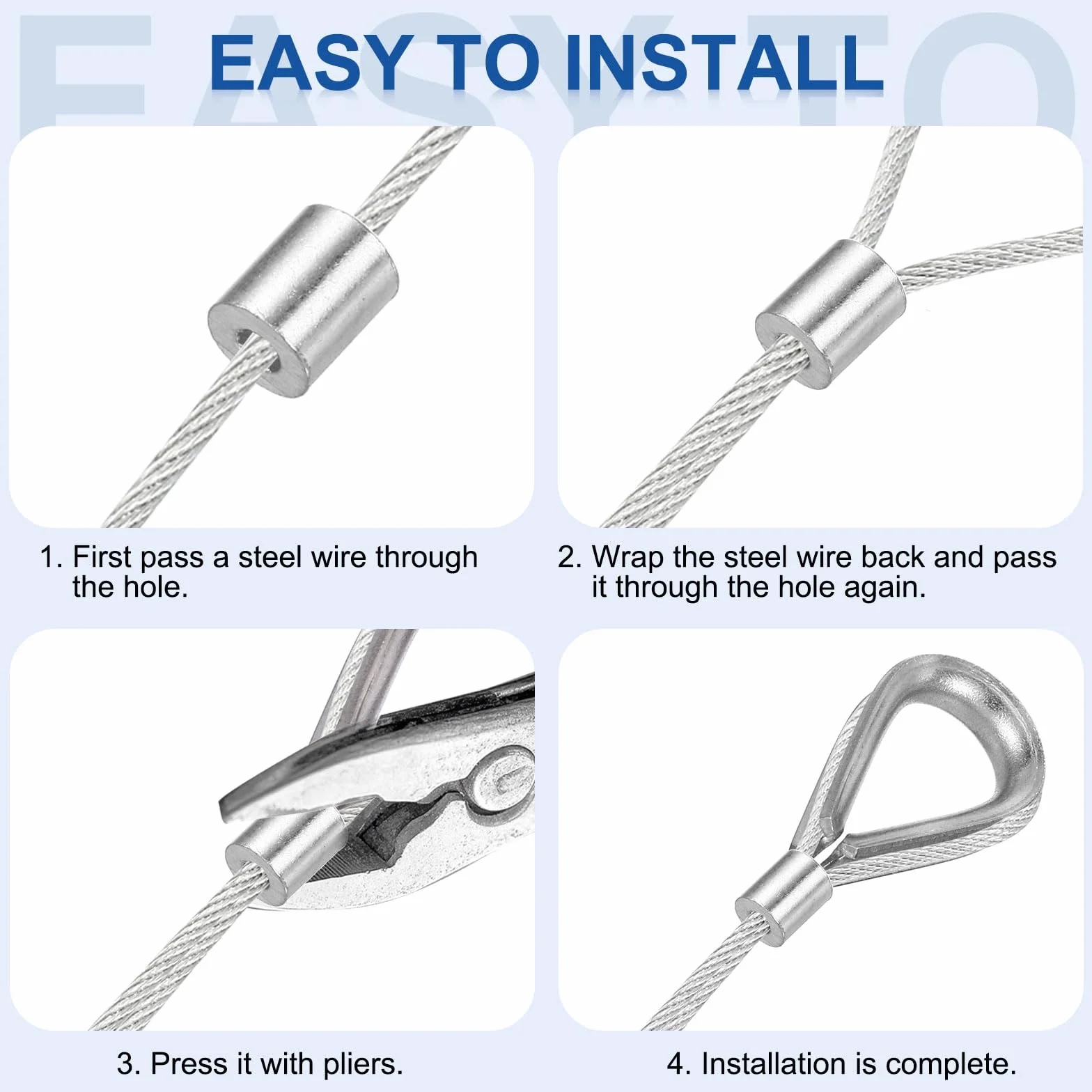 sourcing map Manguito de tope de cuerda de alambre de aluminio de 4 mm, funda de bucle de crimpado redondo para línea de cable de alambre, paquete de 50