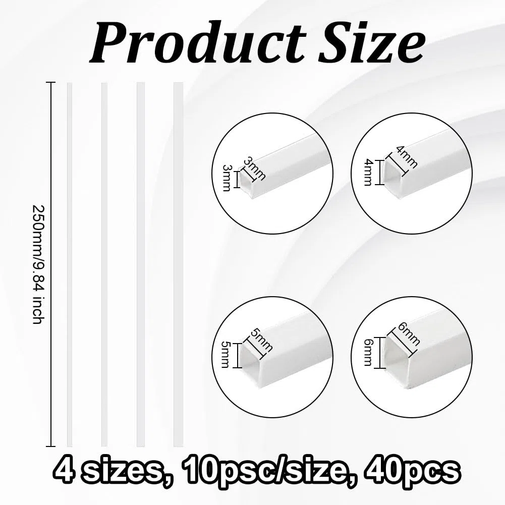 OLYCRAFT 40 piezas 4 tamaños ABS plástico tubo cuadrado 3/4/5/6mm blanco ABS plástico tubo cuadrado hueco barra cuadrada varilla de estireno para DIY mesa de arena modelo arquitectónico que hace