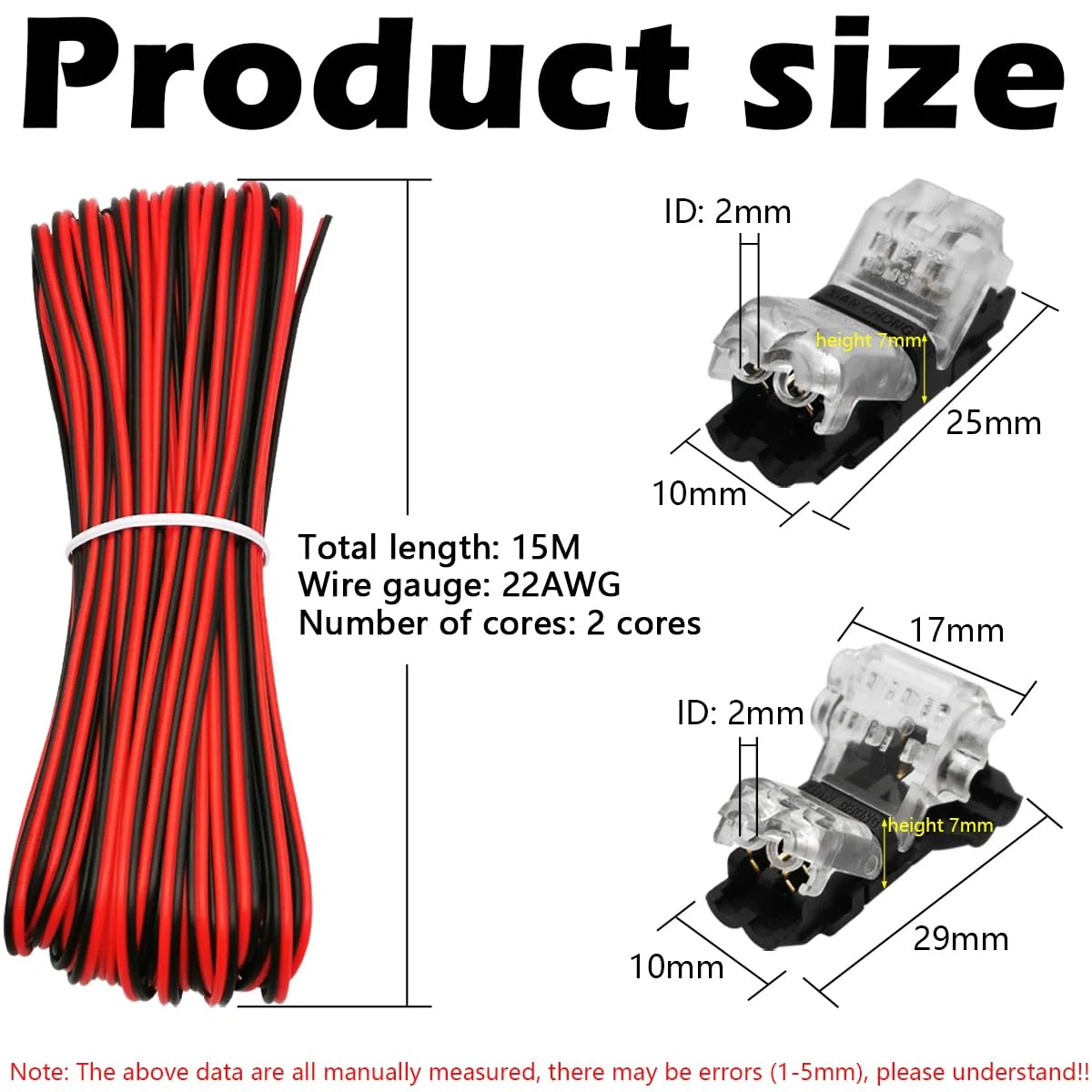 CTRICALVER Cable de extensión de tira LED, 2 pines, 15 m, 22WAG. Para dispositivo LED 12V. Conectores rápidos T2&H2. Aptos para cintas, luces de cadena LED y bricolaje, 5V-24V.