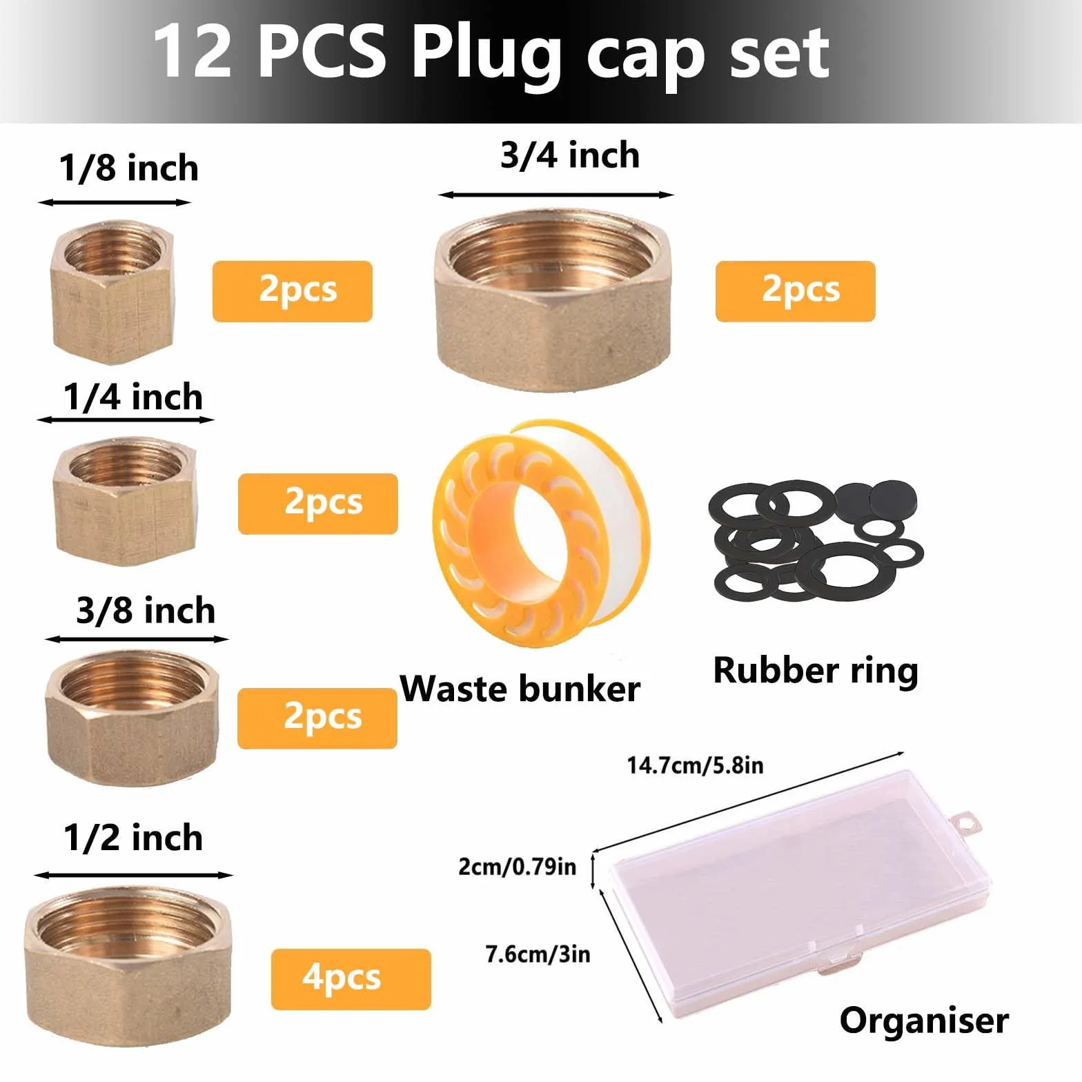 12 Piezas Tapon Grifo, Sello 3/4 Tapón Ciego 1/2 Pulgada 1/8 1/4 3/8 Pulgada Juego,Tapa Tubo Radiador para Tuberías de Agua de Jardín Al Aire Libre con Accesorios De Montaje